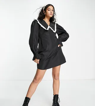 Pieces exclusive oversized collar contrast trim mini dress in black