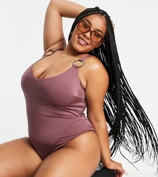 ASOS DESIGN Curve ring detail swimsuit in mauve