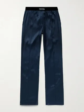 Velvet-Trimmed Stretch-Silk Satin Pyjama Trousers