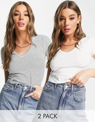 Miss Selfridge 2 pack short sleeve v neck fitted t-shirt in white and stripe