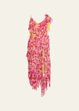 Daylin Asymmetric Midi Dress with Floral-Print Ruffles