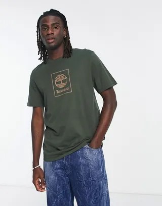 Timberland Stack logo print t-shirt in khaki