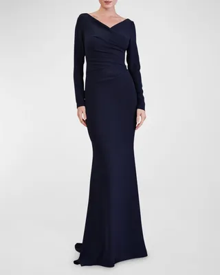 Long-Sleeve Mock Wrap Crepe Gown