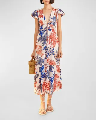 Mixed Lobsters Printed Cotton Midi Dress