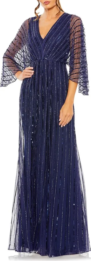 Beaded Stripe Mesh A-Line Gown