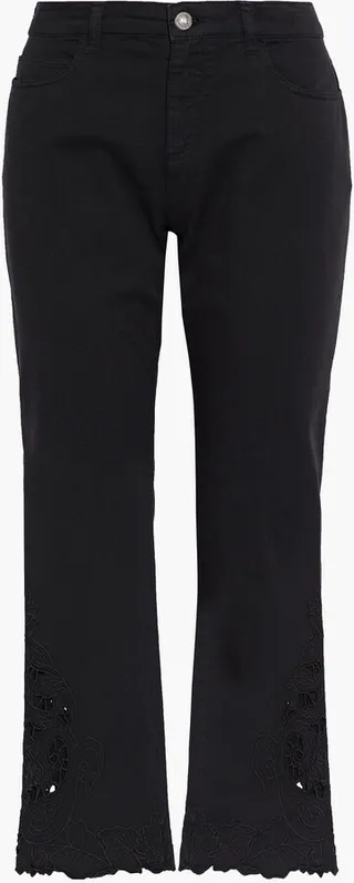 Cropped broderie anglaise-trimmed mid-rise bootcut jeans