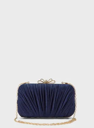 Satin Gathered Flower Diamante Clasp Clutch Bag