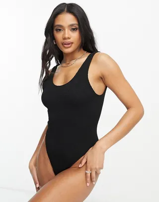 ASOS DESIGN crinkle low back swimsuit in black