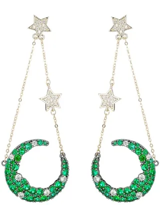 Green Moon & Stars CZ Drop Earrings