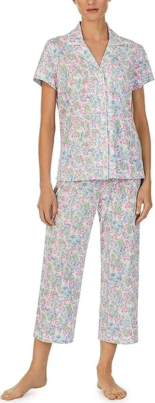 LAUREN Ralph Lauren Knit Short Sleeve Notch Collar Shorty Capris PJ Set (Multi Floral) Women's Pajama Sets