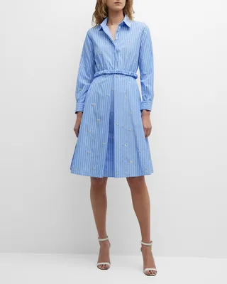 Sequin Embellished Striped Poplin Belted Shirtdress
