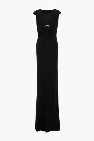 Appliquéd ruched stretch-jersey maxi dress