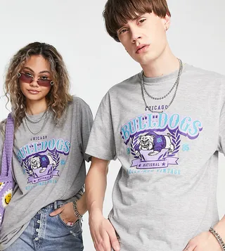 Reclaimed Vintage inspired unisex varsity t-shirt with bulldog in gray heather
