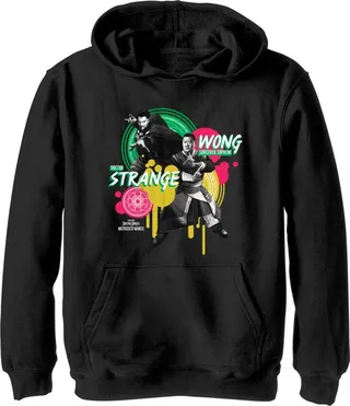 Boy's Marvel Doctor Strange in the Multiverse of Madness Strange and Wong Paint Splatter Pull Over Hoodie - Black - Large