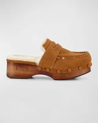 Melody Suede Shearling Penny Loafer Clogs