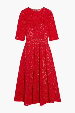 Flared cotton-blend corded lace midi dress