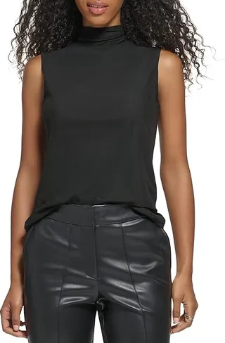 Calvin Klein Sleeveless Mesh Turtleneck (Black) Women's Clothing