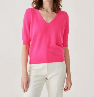 Cashmere Puff Sleeve V-Neck in Electric Fushia