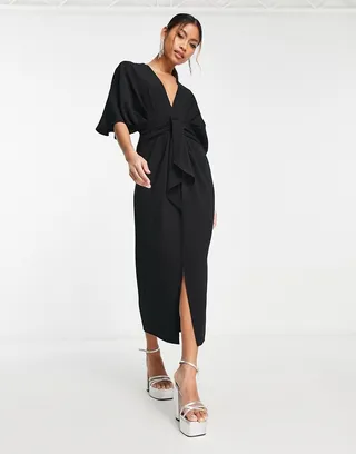 ASOS DESIGN batwing plunge neck tie front crepe midi dress in black