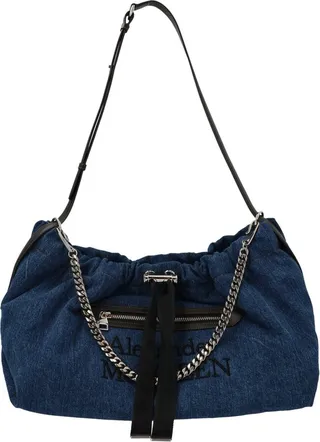 Alexander McQueen Logo Embroidered Denim Shoulder Bag