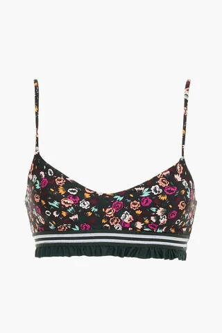 Gardenia ruffle-trimmed floral-print stretch sports bra