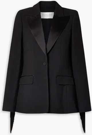 Satin-trimmed fringed crepe blazer