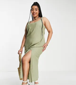 ASOS DESIGN Curve linen scoop neck maxi sundress with a split in khaki