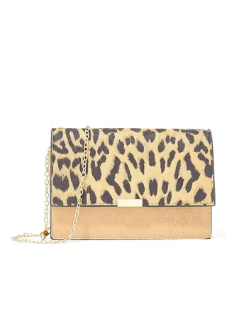 Leopard Print Flap Clutch Beige