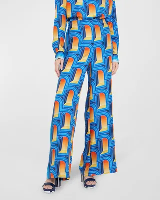 Foulard-Print Wide-Leg Pull-On Silk Trousers