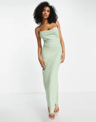 ASOS DESIGN Bridesmaid lace-up back maxi slip dress in sage green