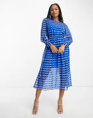 French Connection gathered waist midi smock dress in blue check