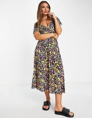 ASOS DESIGN pleated knot detail midi dress in black base floral