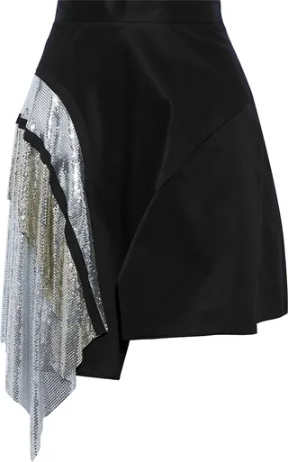 Asymmetric chainmail-paneled cotton-twill mini skirt