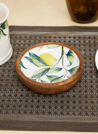13Cm Round Dish With Enamel Inlay Mediterranean Lemons - White