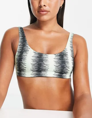 Monki scoop neck crop bikini top in mint tiger print