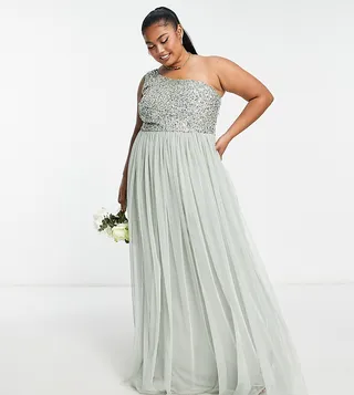 Maya Plus Bridesmaid one shoulder sequin maxi dress in sage green