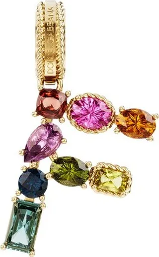 Rainbow alphabet F 18 kt yellow gold charm with multicolor fine gems