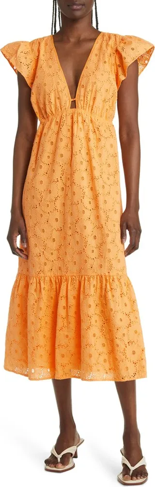 Eyelet Flutter Sleeve Tiered Cotton Midi Dress