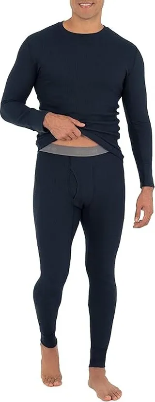 Fruit Of The Loom Mens Recycled Waffle Thermal Underwear Set (Top and Bottom) (Navy) Men's Clothing