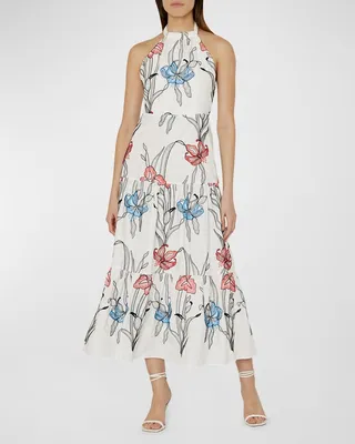 Hayden Floral-Embroidered Halter Midi Dress