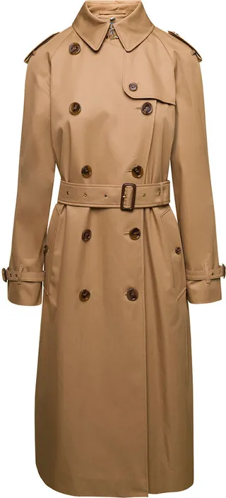 Beige Double-breasted Trench Coat With Belt In Cotton Woman