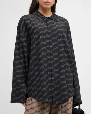 Bb Logo Long-Sleeve Minimal Collared Silk Shirt