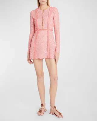 Plunging Illusion Chain-Trim Lace Mini Dress