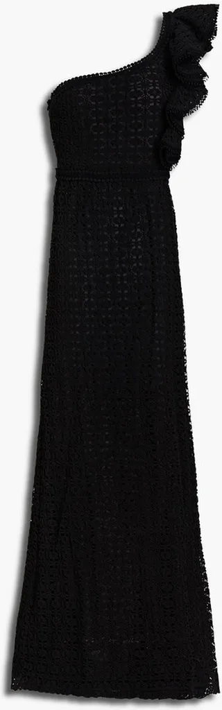 One-shoulder ruffle-trimmed cotton-blend crocheted lace maxi dress