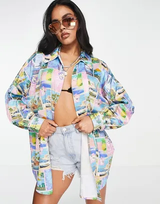 ASOS DESIGN beach shirt in postcard print