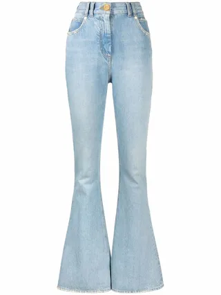 Monogram-print high-waist bootcut jeans