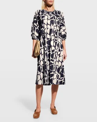 Adatti Abstract-Print Blouson-Sleeve Midi Dress