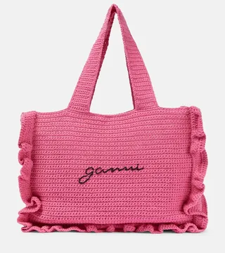 Frill-trimmed crochet tote bag