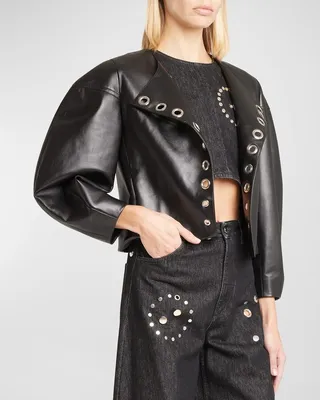 Leather Short Jacket With Grommet Detail