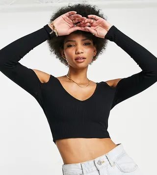 ASOS DESIGN Tall long sleeve v front & back top in black